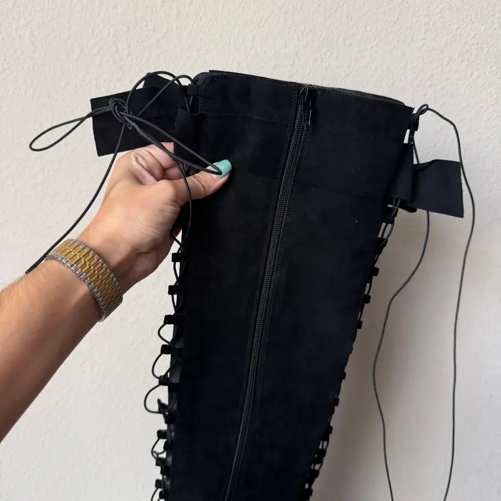 ASOS Black Faux Suede Bow Thigh High Lace Up Boots NEW Size 5